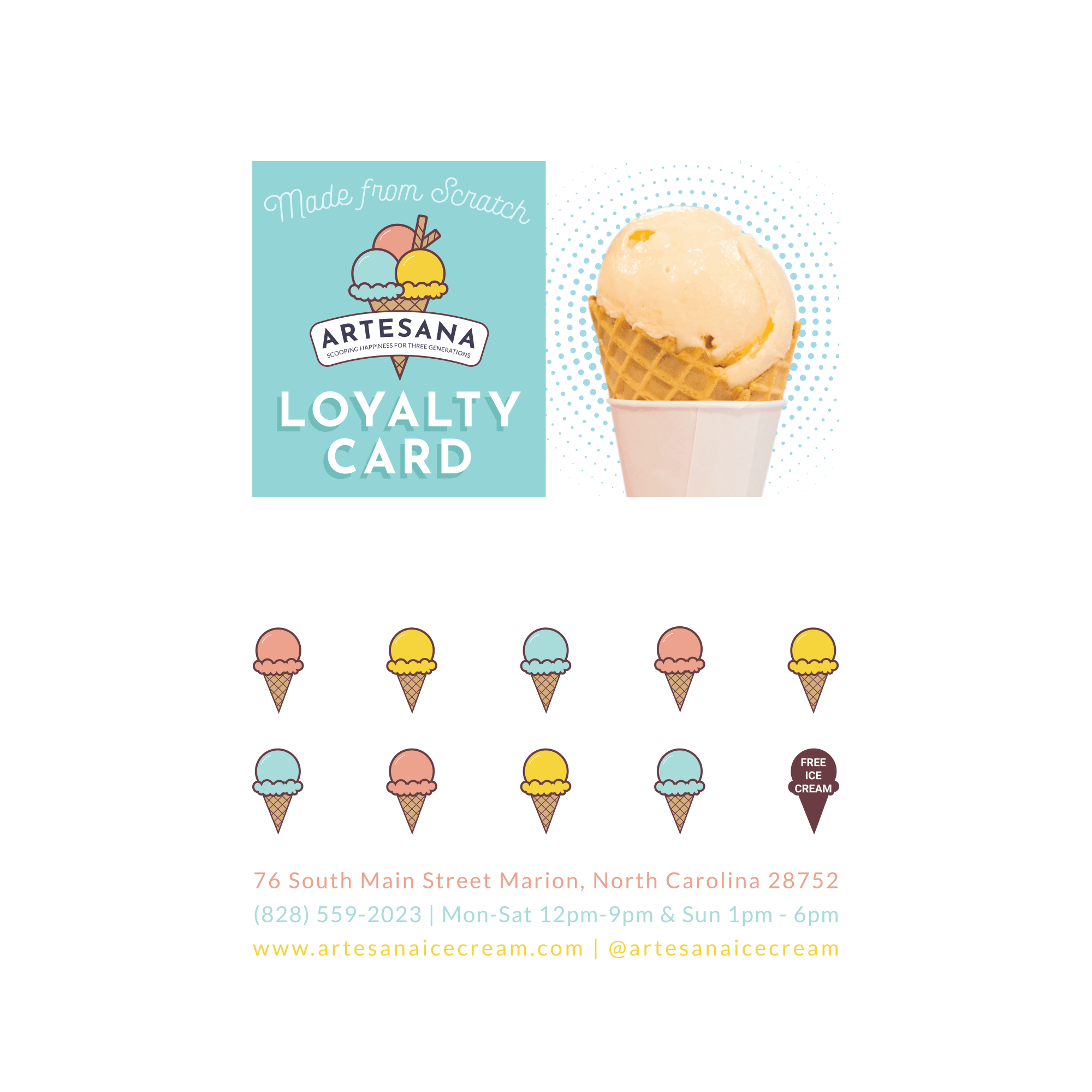 a template of the artesana loyalty card with different illustrations of ice cream cones
