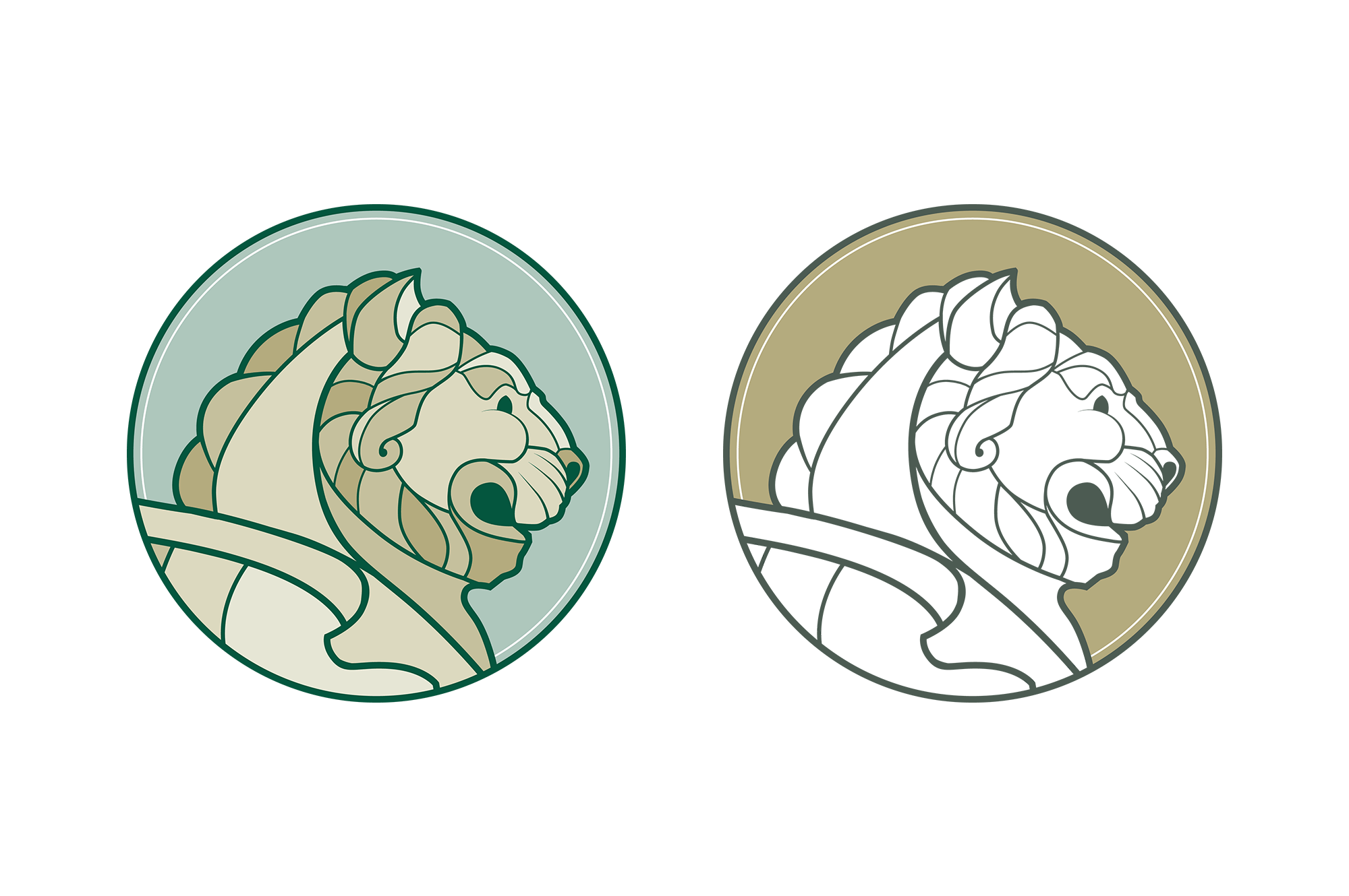 two illustrated circular logos with the lion statue head in the middle