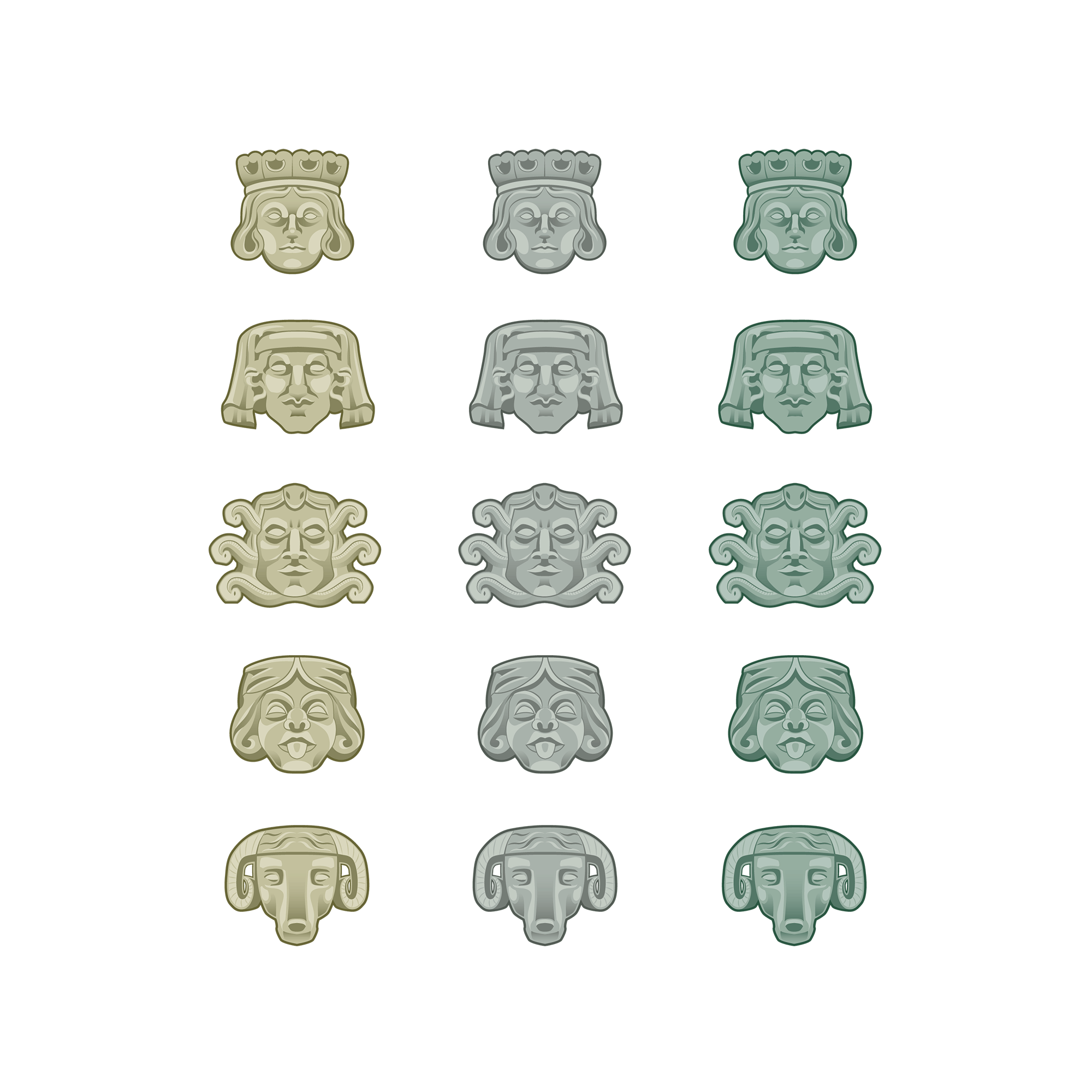 tan, gray, and green illustrations of the grotesque faces at grove arcade