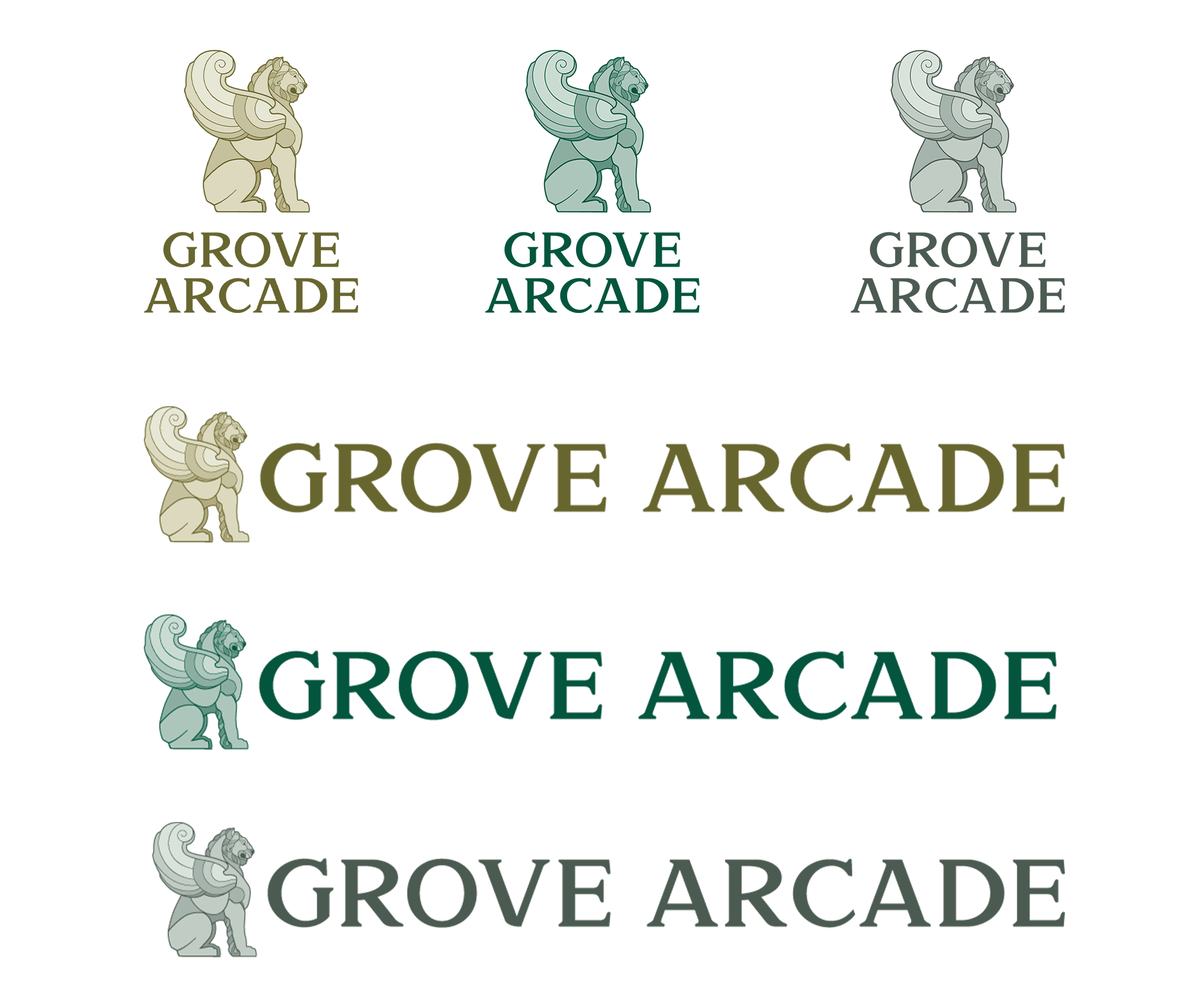 illustrations of the winged lion statues as logos for grove arcade