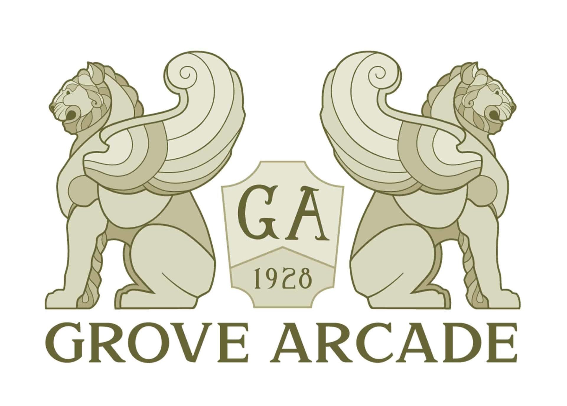 winged lion statues on each side of the grove arcade shield with "grove arcade" underneath