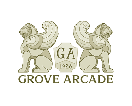 winged lion statues on each side of the grove arcade shield with "grove arcade" underneath