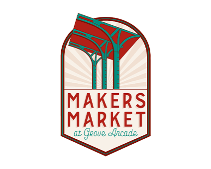 a red logo for the makers market featuring an illustration of the exterior of grove arcade