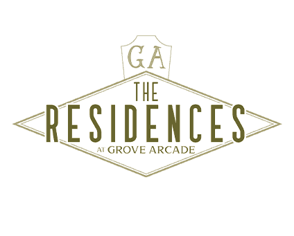 a tan logo for "the residences at grove arcade"
