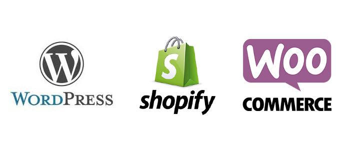wordpress, shopify, and wocommerce logos