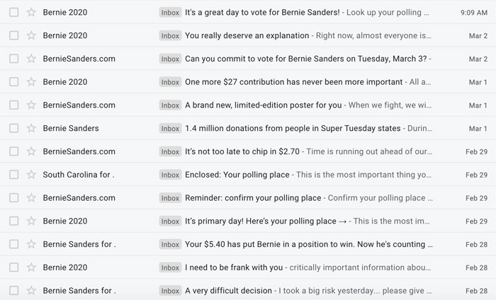 screenshot of multiple emails from bernie sanders campaign